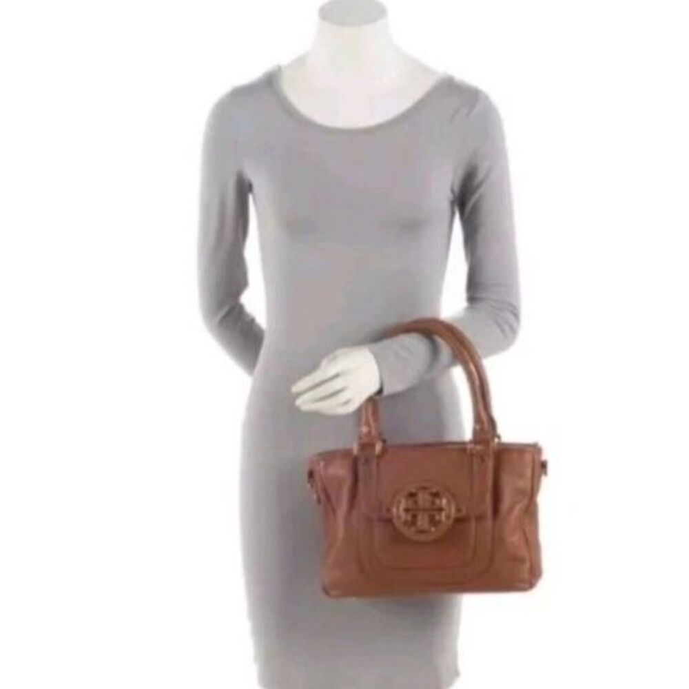 Tory Burch Amanda Caramel Tan Pebble Leather Dual Handle Satchel Handbag